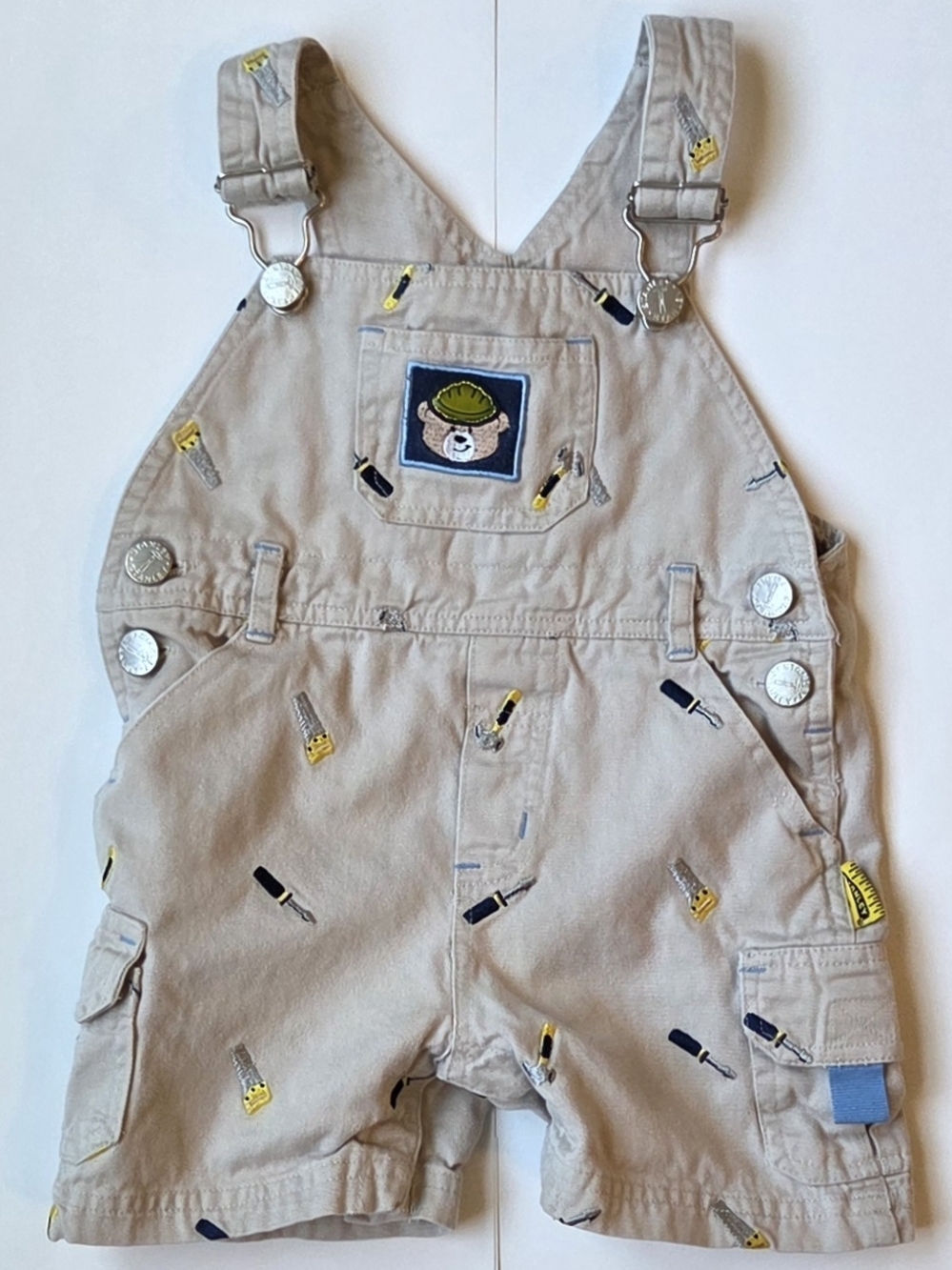 Vintage Stanley Bear Boys 12M Tool Print Shortalls Carpenter Overalls Y2K
